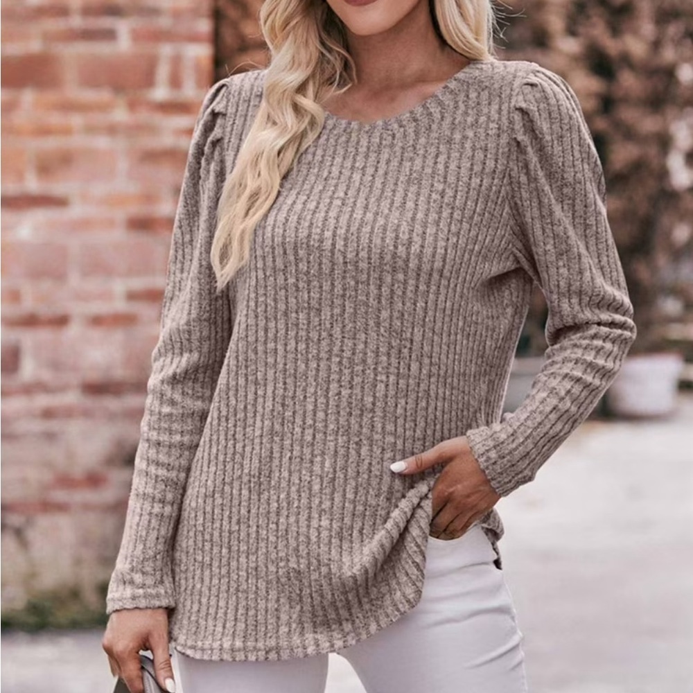 NEW Soft Beige Ribbed Puff Shoulder Long Sleeve Sweater Size Extra Large
